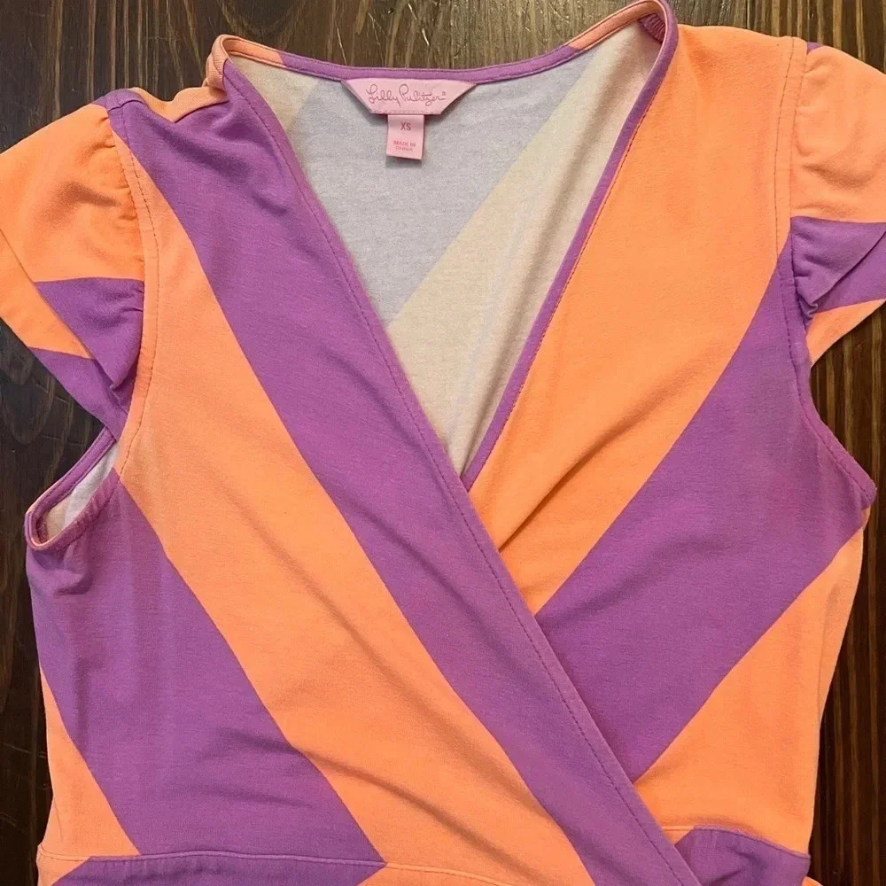 LILY PULITZER Adriel Ruffle Striped Flutter Sleeve Wrap Dress Purple & Orange - Picture 5 of 9